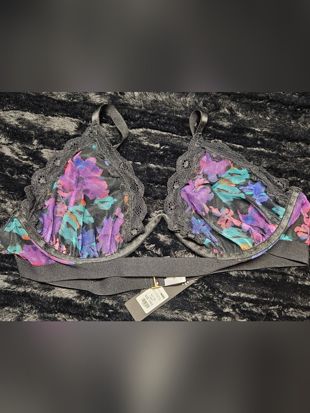 Fashion Nova Black Lace Bralette with Purple & Teal Floral Accents